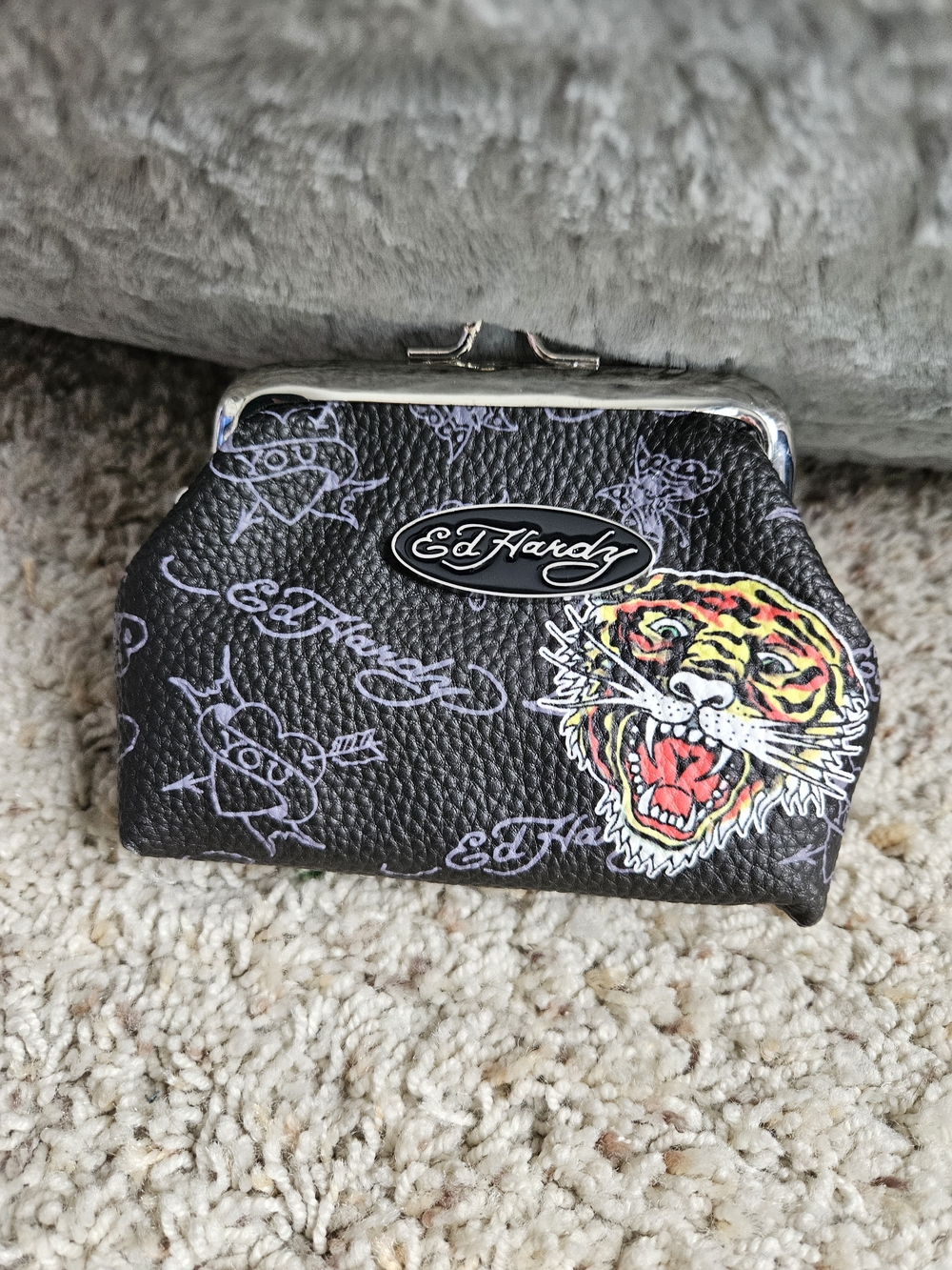 Ed Hardy Black Tiger Logo Kiss Lock Coin Purse